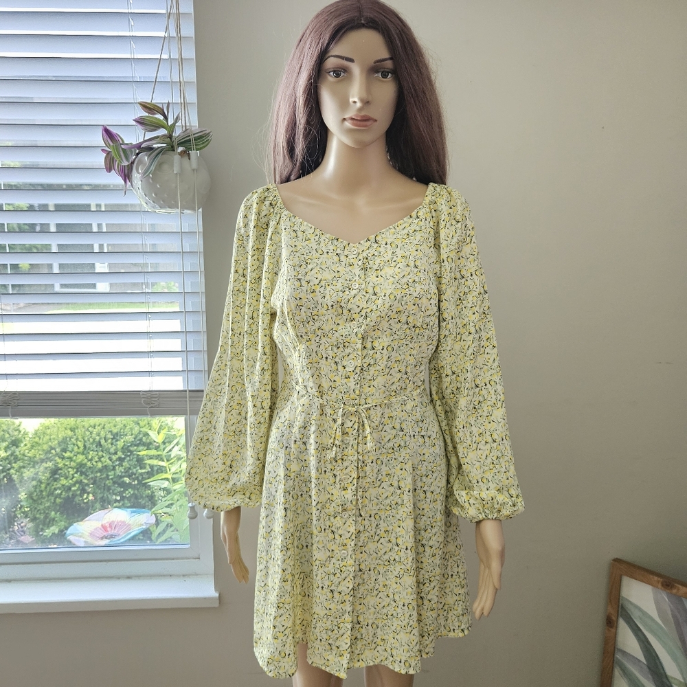 C&A lemon yellow long sleeves peasant dress button down vintage